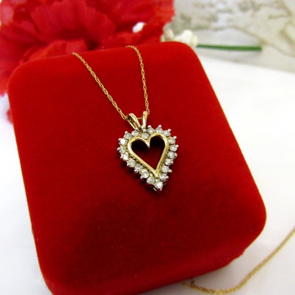 Diamond Heart Pendant Necklace Solid 10k Yellow Gold Genuine Natural Real - Picture 4 of 10